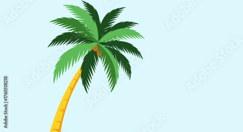 A lone palm tree sways gently under a clear blue sky on a warm summer day.