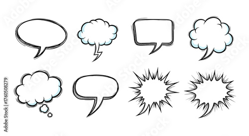A collection of hand drawn speech bubbles and thought balloons for comic book storytelling and graphic design.