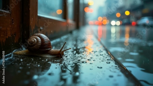 Window sill snails and rainy background