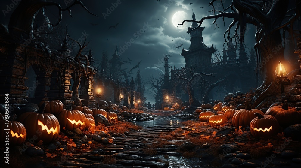 Obraz premium A hauntingly beautiful moonlit Halloween night scene with carved pumpkins lining a path leading to a mysterious castle