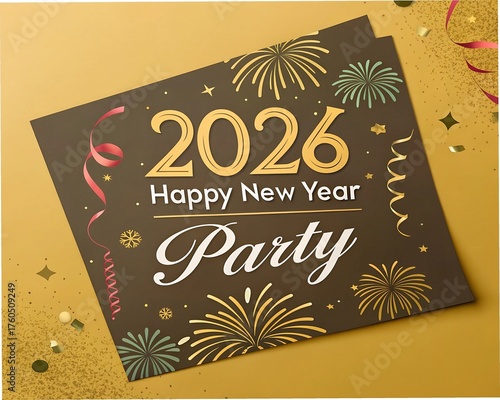 2026 Happy New Year Party Flyer in Gold Color — Elegant Celebration Invitation Design