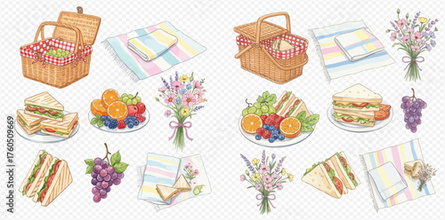 Watercolor illustration of picnic essentials including baskets, striped blankets, sandwiches, fresh fruits, and bouquets of flowers, perfect for outdoor dining.
