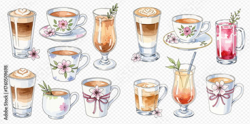 Watercolor illustration of various hot and cold beverages in decorative cups and glasses with floral accents.