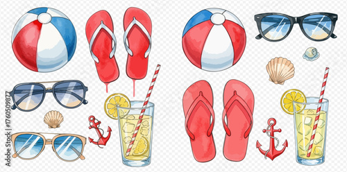 Watercolor illustration of summer beach essentials including flip-flops, sunglasses, beach balls, and refreshing lemonade.
