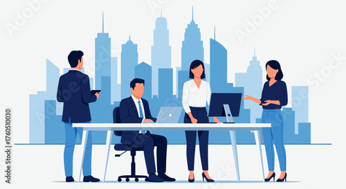 Modern Business Environment with Professionals Collaborating in a Sleek Office Setting