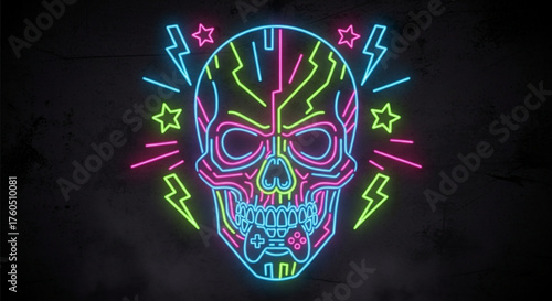 Illuminated neon skull with lightning bolts and stars on a dark background, symbolizing gaming, energy, and a modern aesthetic