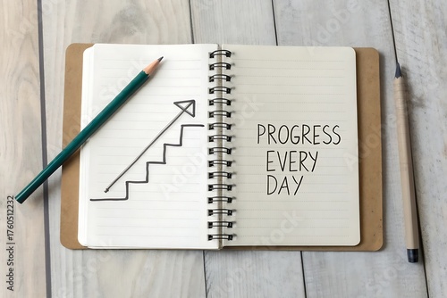 Open notebook with pencil showing upward progress diagram