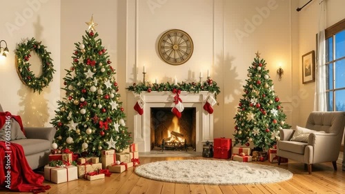 Cozy living room with decorated christmas trees and burning fireplace.