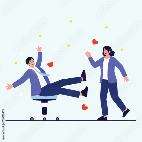 Cheerful office coworkers enjoying a playful moment at work