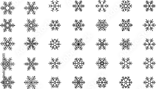 Set of 35 Black Snowflake Icons on White Background