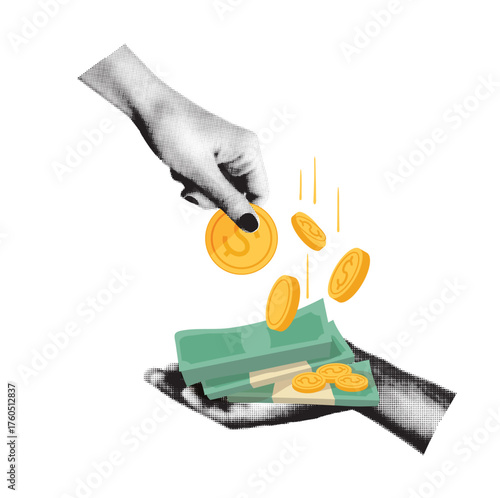 Two hands in halftone style holding gold coins and paper money, isolated on a transparent background. Concept of finance, payment, donation, and savings. Vector collage in mixed media.