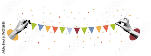 Hands holding multicolored paper bunting with scattered confetti on white background. Minimalist collage style. Party and celebration concept. Vector illustration, halftone collage.