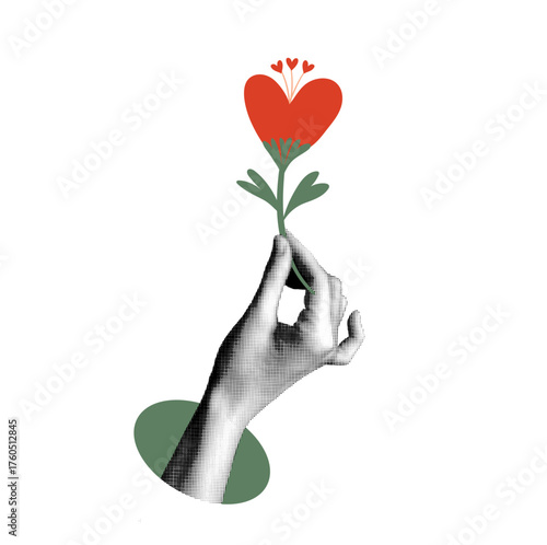 Hand holding red heart-shaped flower in halftone collage style isolated on white background. Concept of love, care, and giving. Concept of love, care, and giving. Modern vector illustration 