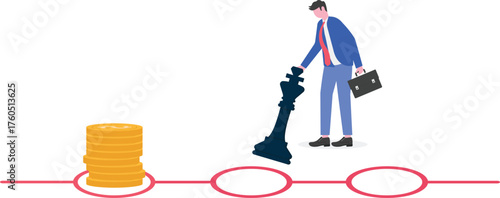 A hand moves the king chess piece to the next step, leaving a money bag on the previous step,
