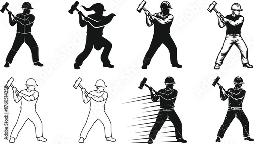 Construction worker holding sledgehammer, laborer strength silhouette, industrial tool operator, demolition worker action pose, heavy equipment professional illustration design -flat vector