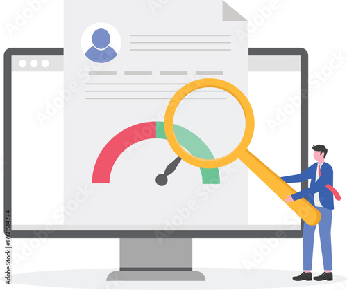 Businessman holding magnifying glass with level indicator to examine document with profile data illustration of monitoring and research of employee candidate skill level
