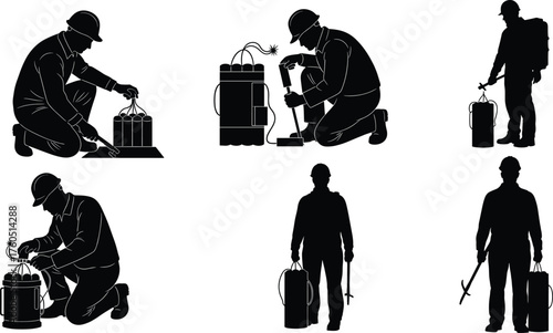 Flat vector, bomb disposal worker, explosive ordnance disposal, demolition safety, industrial labor, protective helmet, controlled explosion, engineering design, occupational safety, illustration