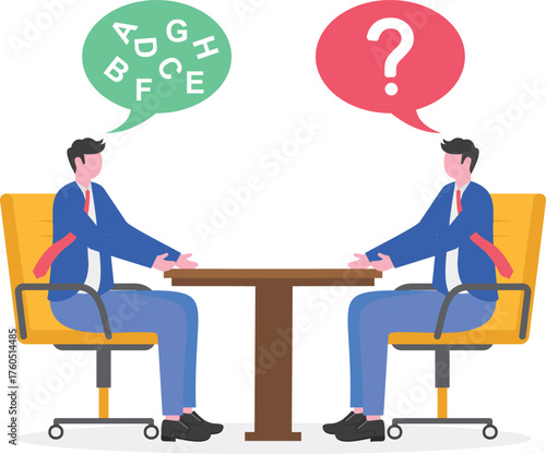 Jargon, communicate with technical word or hard to understand language, complicated conversation,
