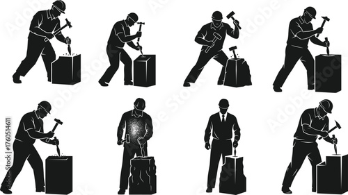 Flat vector, sculptor chiseling stone, craftsmanship illustration, construction worker, manual labor, safety helmet, artistic creation, industrial work, creativity, illustration