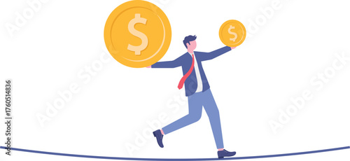 Businessman places a large dollar coin on one side of a scale causing imbalance,
