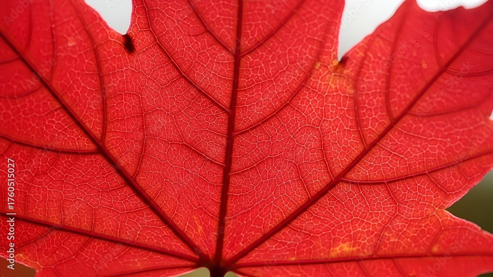 Fototapeta premium Bright Red Autumn Maple Leaf Close Up Showing Veins and Texture