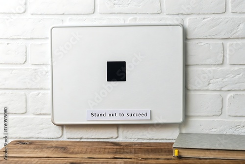 White board with black square and motivational message on brick wall