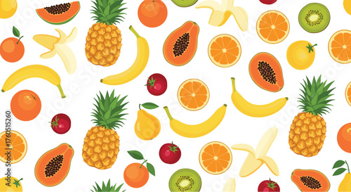 A vibrant and colorful collection of fresh tropical fruits scattered across a white background.
