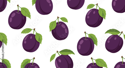 A repeating pattern of purple plums with green leaves on a white background.