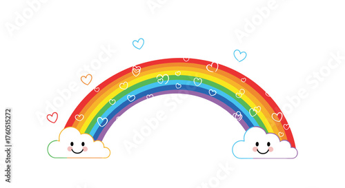 A vibrant rainbow with playful clouds and heart accents.