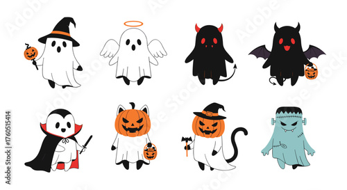 Cute ghost characters dressed for halloween celebrations.