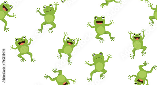 A whimsical collection of cute cartoon frogs jumping and playing in various poses.