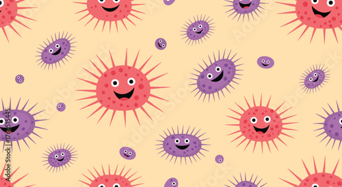 A collection of cute smiling cartoon germs on a yellow background.