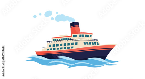 Passenger ferry boat sailing on blue waves with smoke coming from chimney.