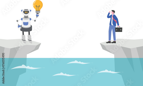 A businessman tries to rescue an AI robot carrying a lit lamp across a ravine using a ladder,
