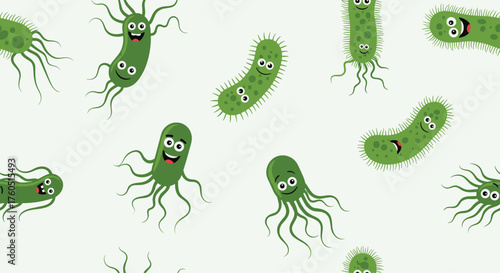A seamless pattern of cartoon bacteria cells with flagella.