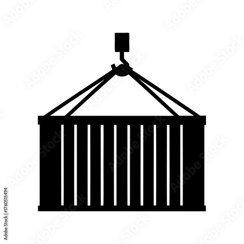 Black silhouette of shipping container hoisted by crane against white background