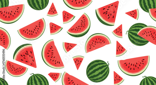 A refreshing and juicy summer fruit pattern with watermelons and slices.