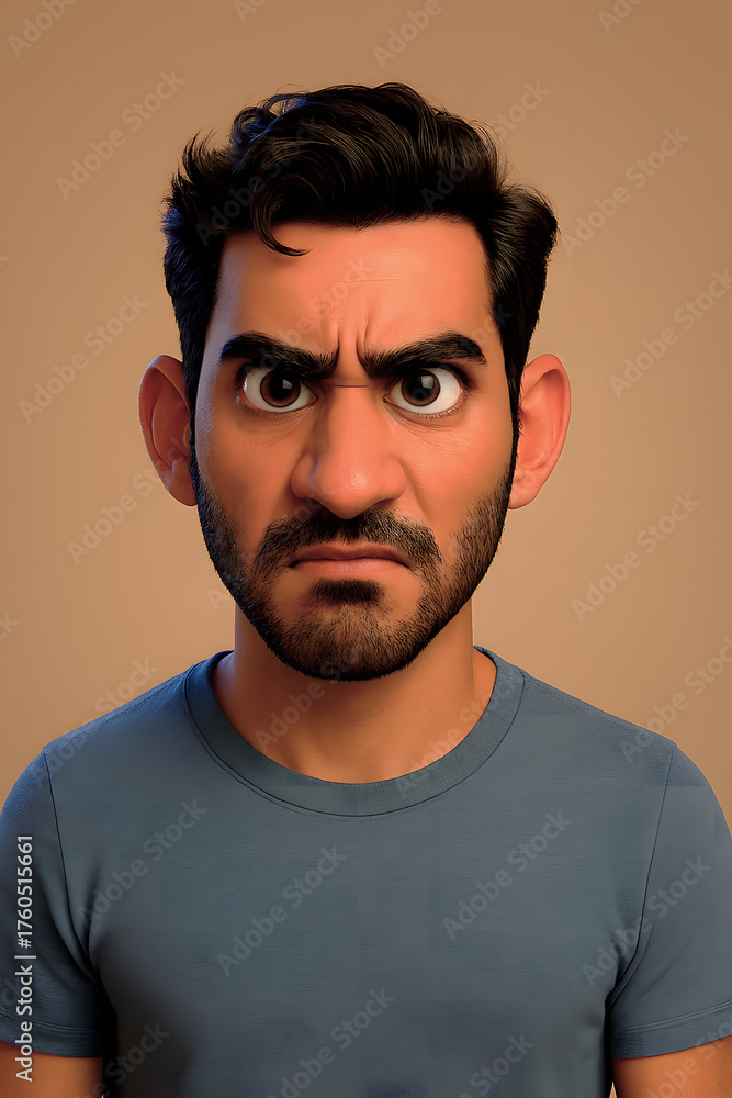 Obraz premium Serious 3D Cartoon Man in Blue T-Shirt with Intense Expression