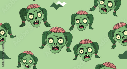 A pattern of cartoon zombie heads with brains showing.