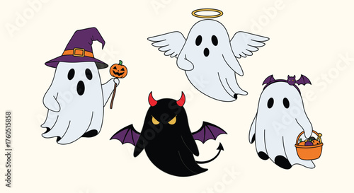 Cute cartoon ghosts and a devil celebrate Halloween together.
