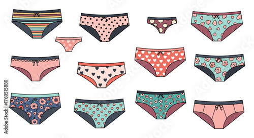 A collection of colorful and patterned women's underwear designs.
