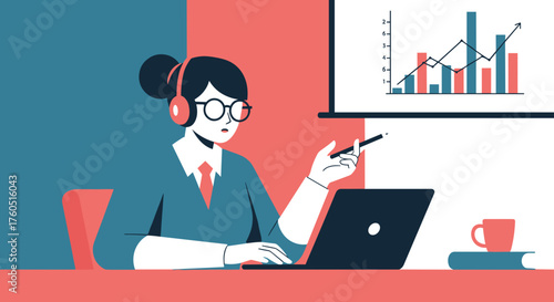 Professional woman with headphones analyzing data charts during a remote business meeting