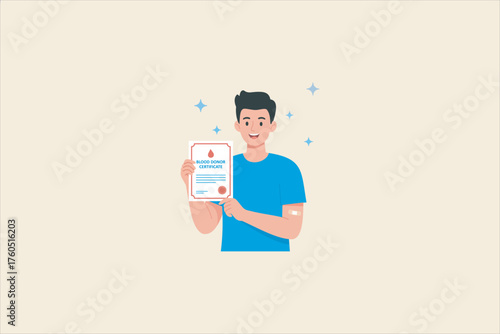 Vector illustration a happy man proudly holding a blood donor certificate after donating blood. Perfect for healthcare campaigns, blood donation events, hospital posters, and social awareness content.