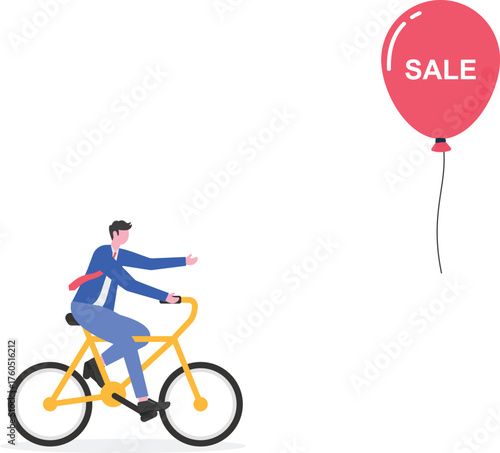 A businessman in spiked shoes running towards a red discount balloon,
