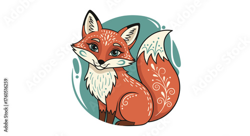 Adorable fox cub illustration with intricate folk art details and a playful expression, perfect for children's books or charming home decor projects
