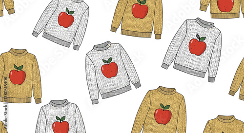 Seamless pattern of apple hoodies with text detail.