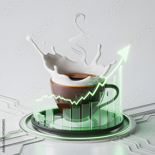 Rising Profits Brewed Coffee cup with splashing cream and glowing chart for financial growth 3D