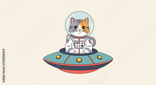 A cute cat in a spacesuit sits inside a flying saucer.