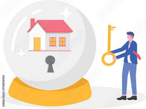 A businessman holding a key intends to insert it into a keyhole on a glass containing a house,
