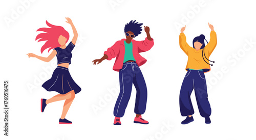 Three young people dancing joyfully in an outdoor party atmosphere.